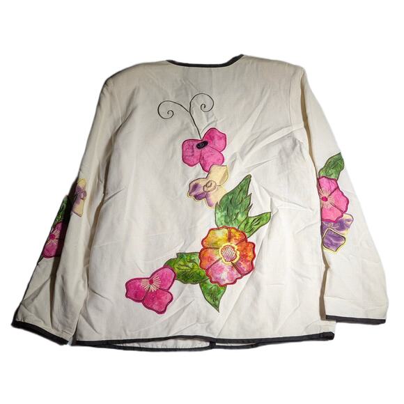 Vtg Y2K Indigo Moon Ivory Pink Floral Applique Black Piping Collarless Jacket S - Picture 2 of 4